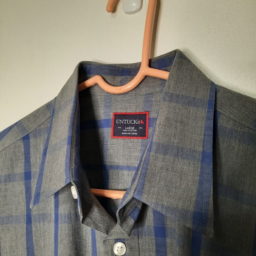 UNTUCKit Mens Long Sleeve Button Down 100% Cotton Shirt Size L Plaid Blue Gray - Picture 4 of 4